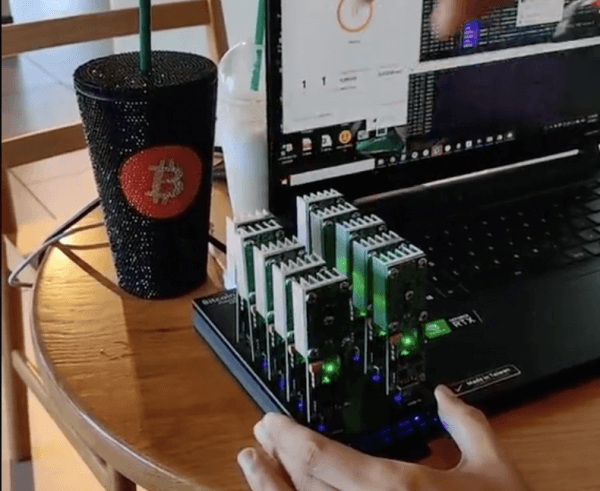 cryptocurrency mini mining rig from tiktoker uses free electricity at starbucks only needs laptop us
