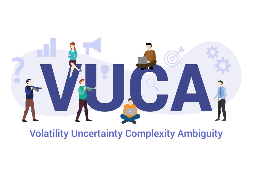 vuca volatility uncertainty complexity ambiguity concept with big word or text and team people with 